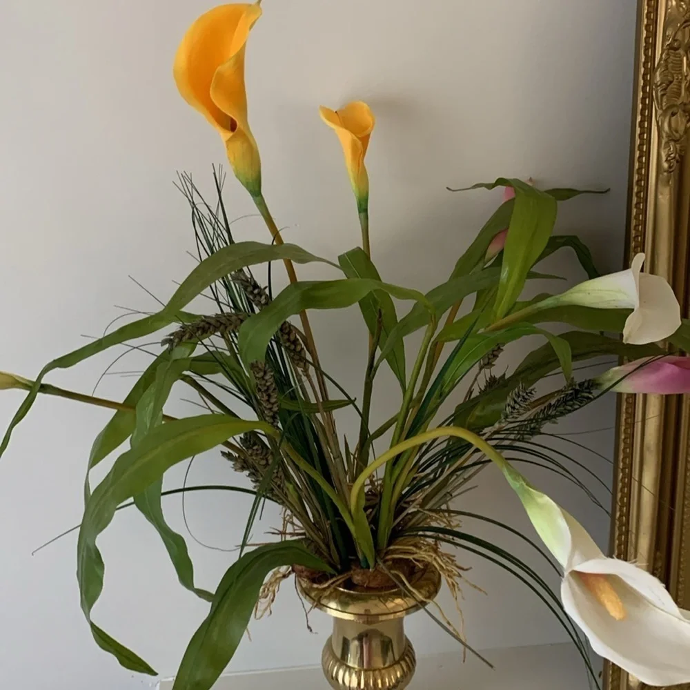 Brass pedestal‎ vase calla Lilly arrangements dry and faux greenery home decor